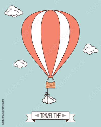 Hot air balloon with clouds and banner for your text