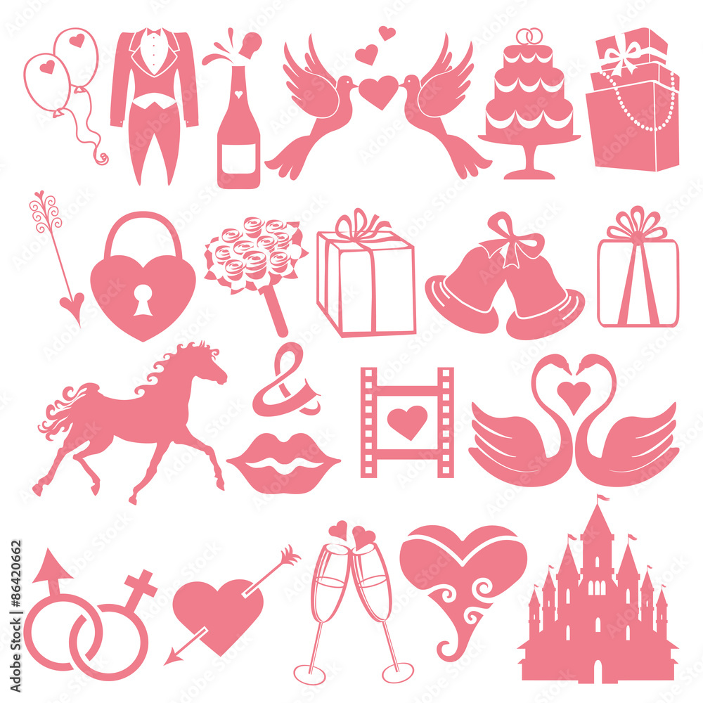 Vector Wedding flat icons set for Web and Mobile.Pink silhouett Vector Wedding flat icons set for Web and Mobile.Pink silhouett