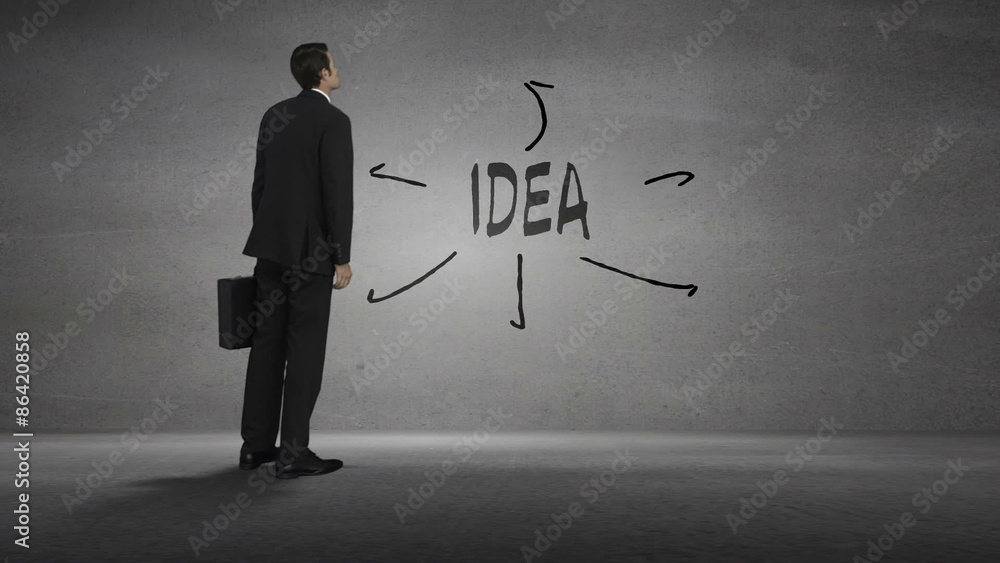 Businessman looking at wall with idea brainstorm Businessman looking at wall with idea brainstorm