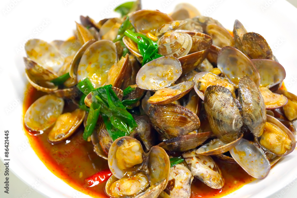 stir fried clams with roasted chili paste and thai sweet basil, stir fried clams with roasted chili paste and thai sweet basil,