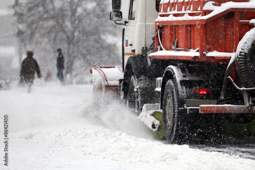 A snowplough on Red Square in Moscow during hearvy snowfall