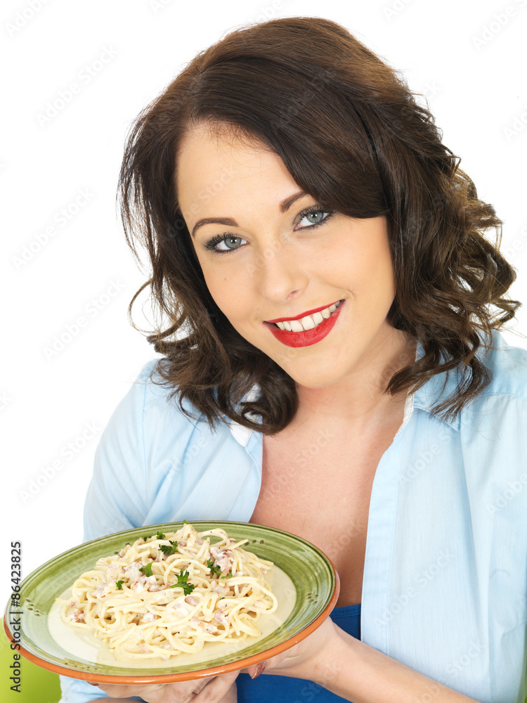 Happy Smiling Beautiful Young Woman Holding a Plate of Spaghetti Pasta Happy Smiling Beautiful Young Woman Holding a Plate of Spaghetti Pasta