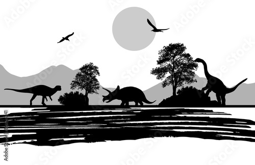 Dinosaurs silhouettes in beautiful landscape © Balint Radu