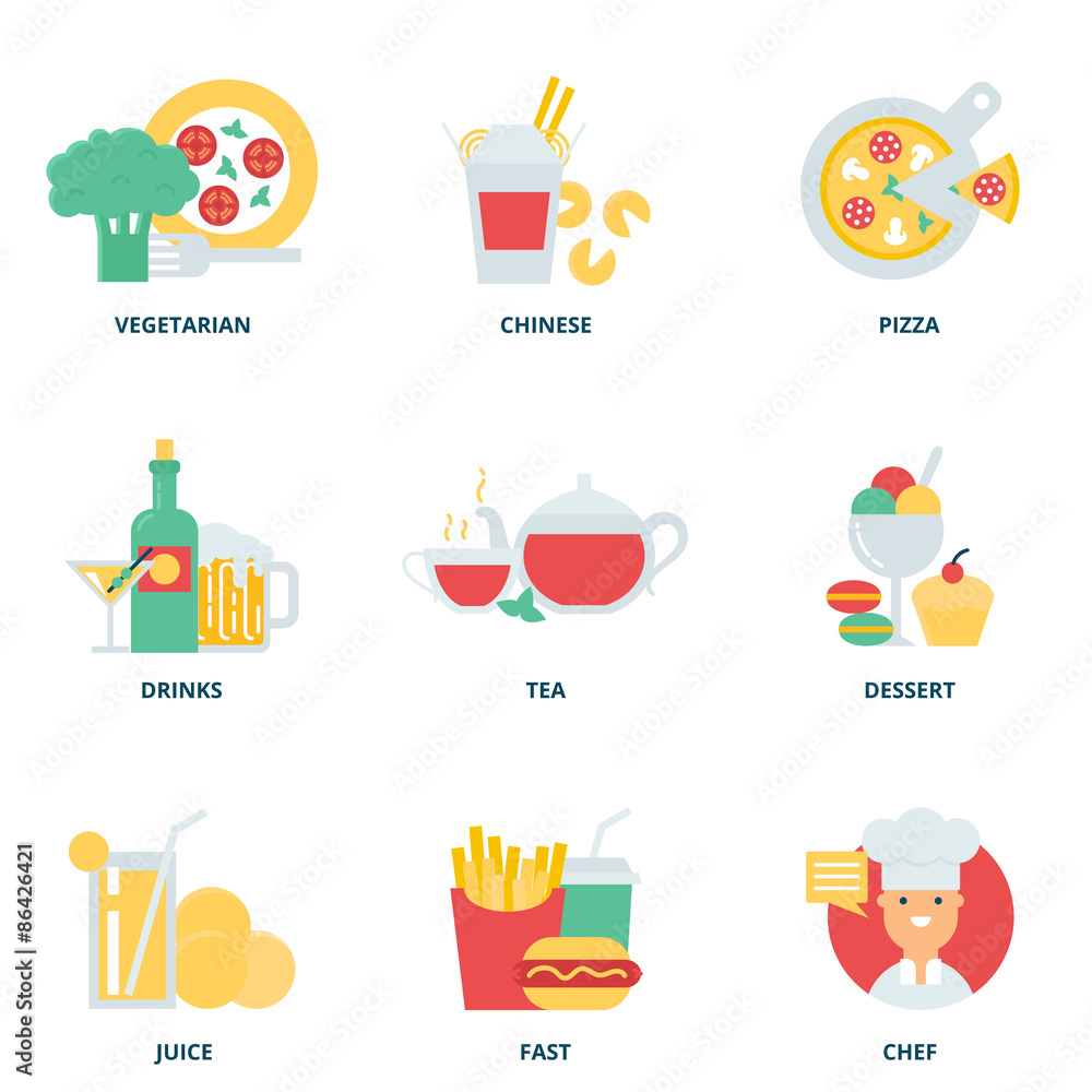 Food and drink vector icons set modern flat style Food and drink vector icons set modern flat style