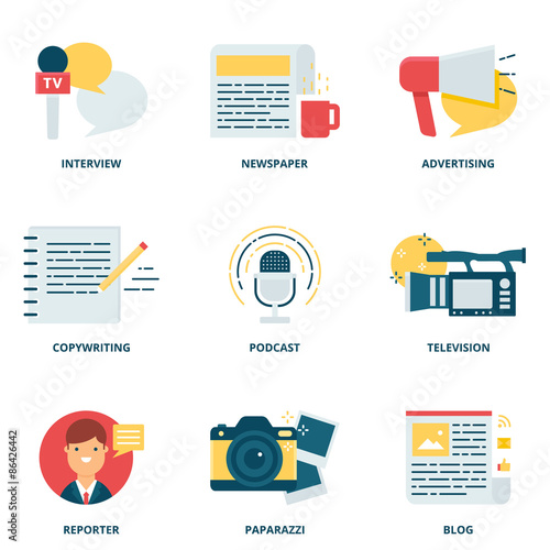 Journalism and mass media vector icons set modern flat style