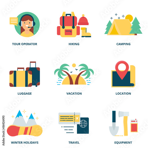 Hiking and camping vector icons set modern flat style
