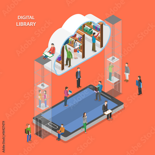 Digital library flat isometric vector concept.