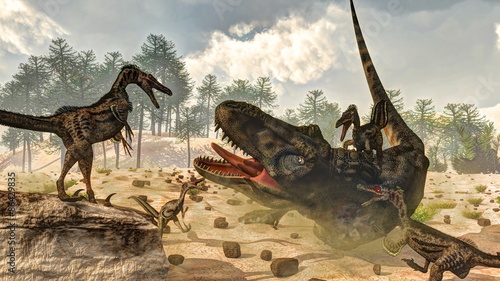 Tarbosaurus attacked by velociraptor dinosaurs - 3D render © Elenarts
