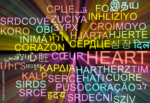 Heart multilanguage wordcloud background concept glowing