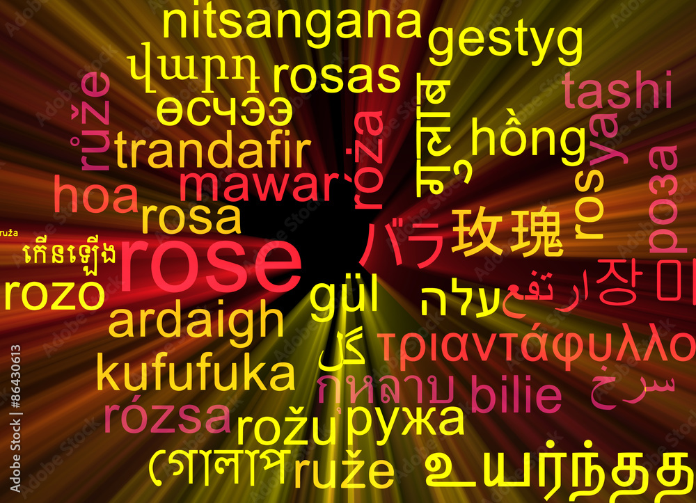 Rose multilanguage wordcloud background concept glowing