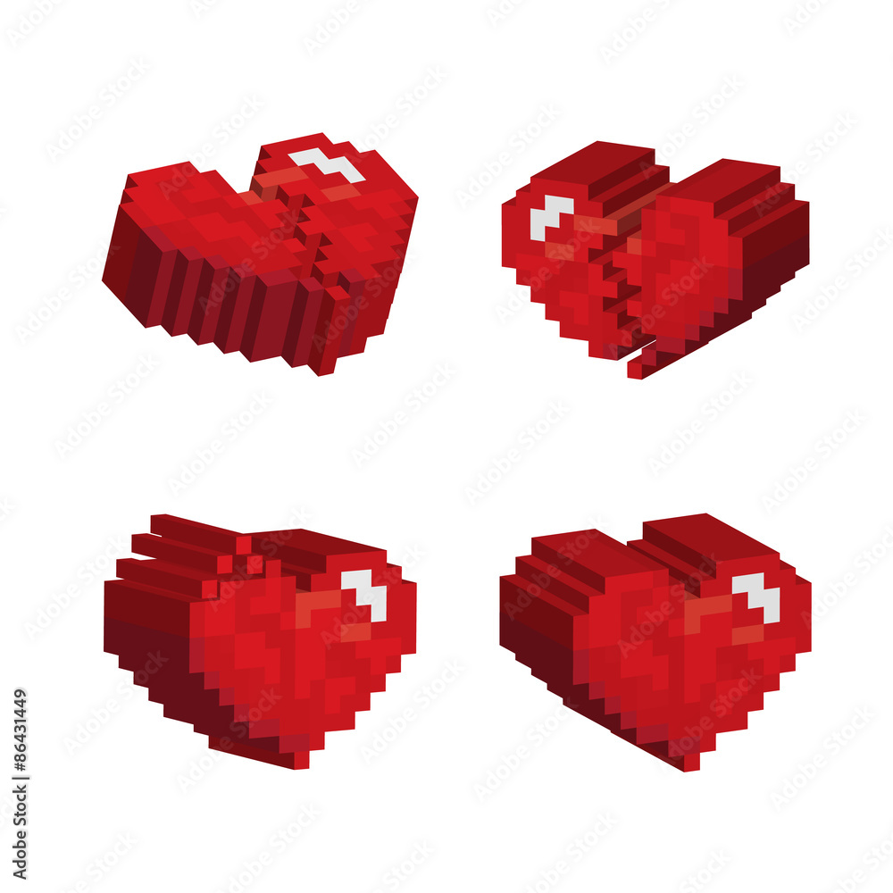Fototapeta premium 3D red hearts pixel art stlye