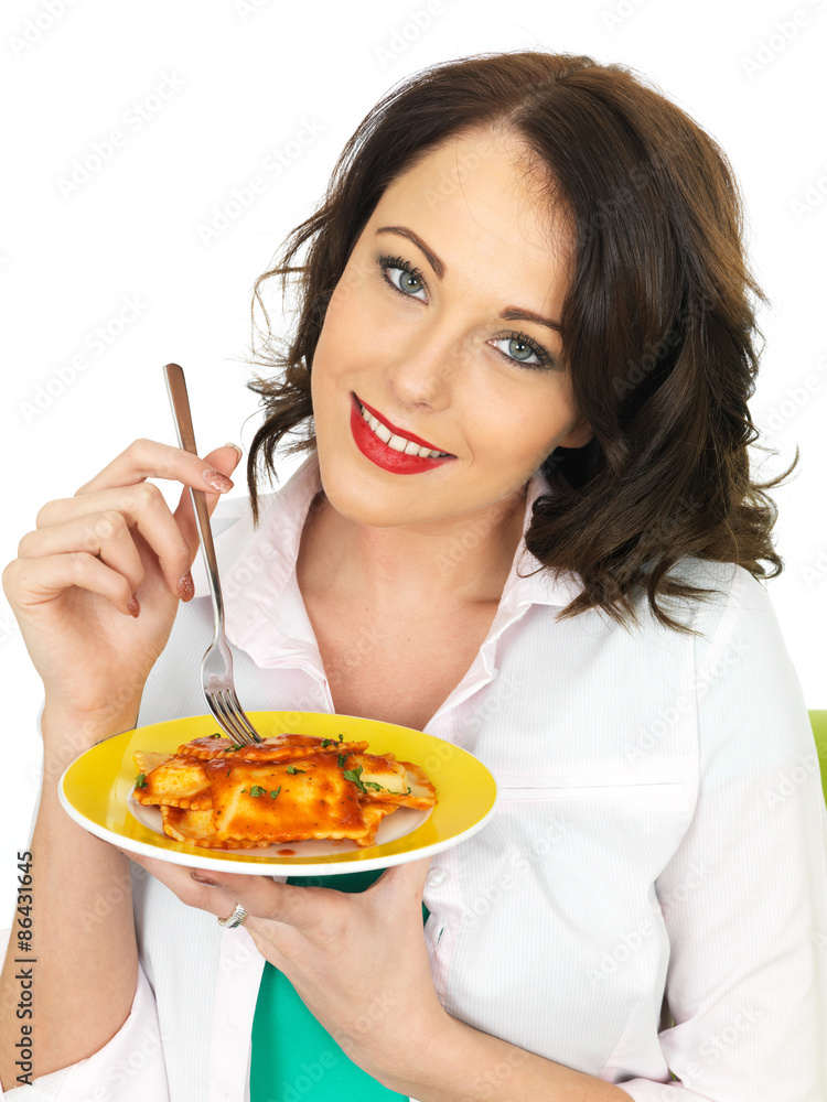 Pretty Attractive Young Woman Holding and Eating a Plate of Ravioli Pretty Attractive Young Woman Holding and Eating a Plate of Ravioli