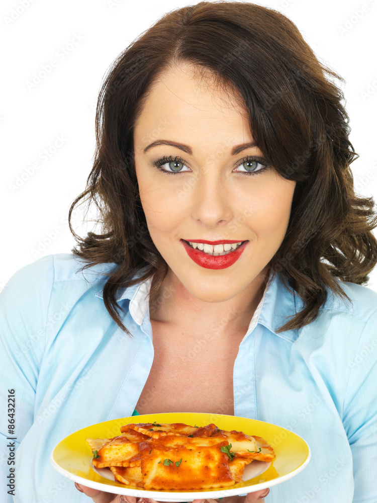 Pretty Attractive Young Woman Holding and Eating a Plate of Ravioli Pretty Attractive Young Woman Holding and Eating a Plate of Ravioli