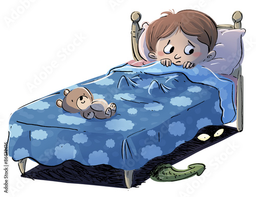 niño con miedo en la cama ilustración de Stock | Adobe Stock