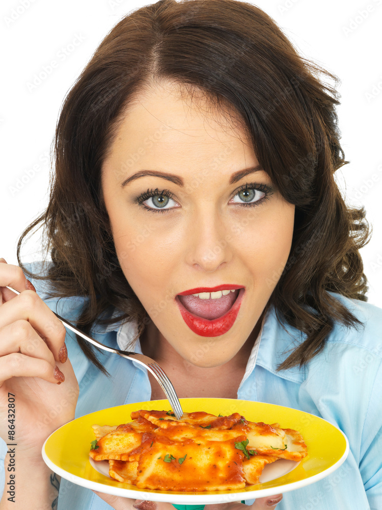 Pretty Attractive Young Woman Holding and Eating a Plate of Ravioli Pretty Attractive Young Woman Holding and Eating a Plate of Ravioli