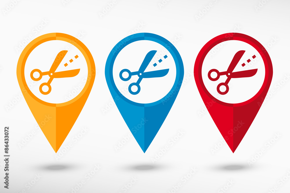 Scissors icon with cut lines map pointer, vector illustration Scissors icon with cut lines map pointer, vector illustration