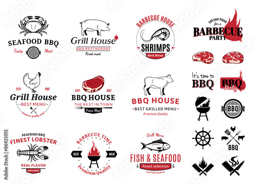 Barbecue, Seafood Logos, Labels and Design Elements