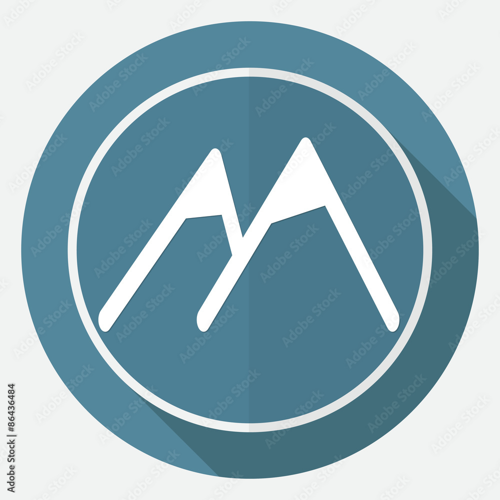 Mountain icon on white circle with a long shadow Mountain icon on white circle with a long shadow