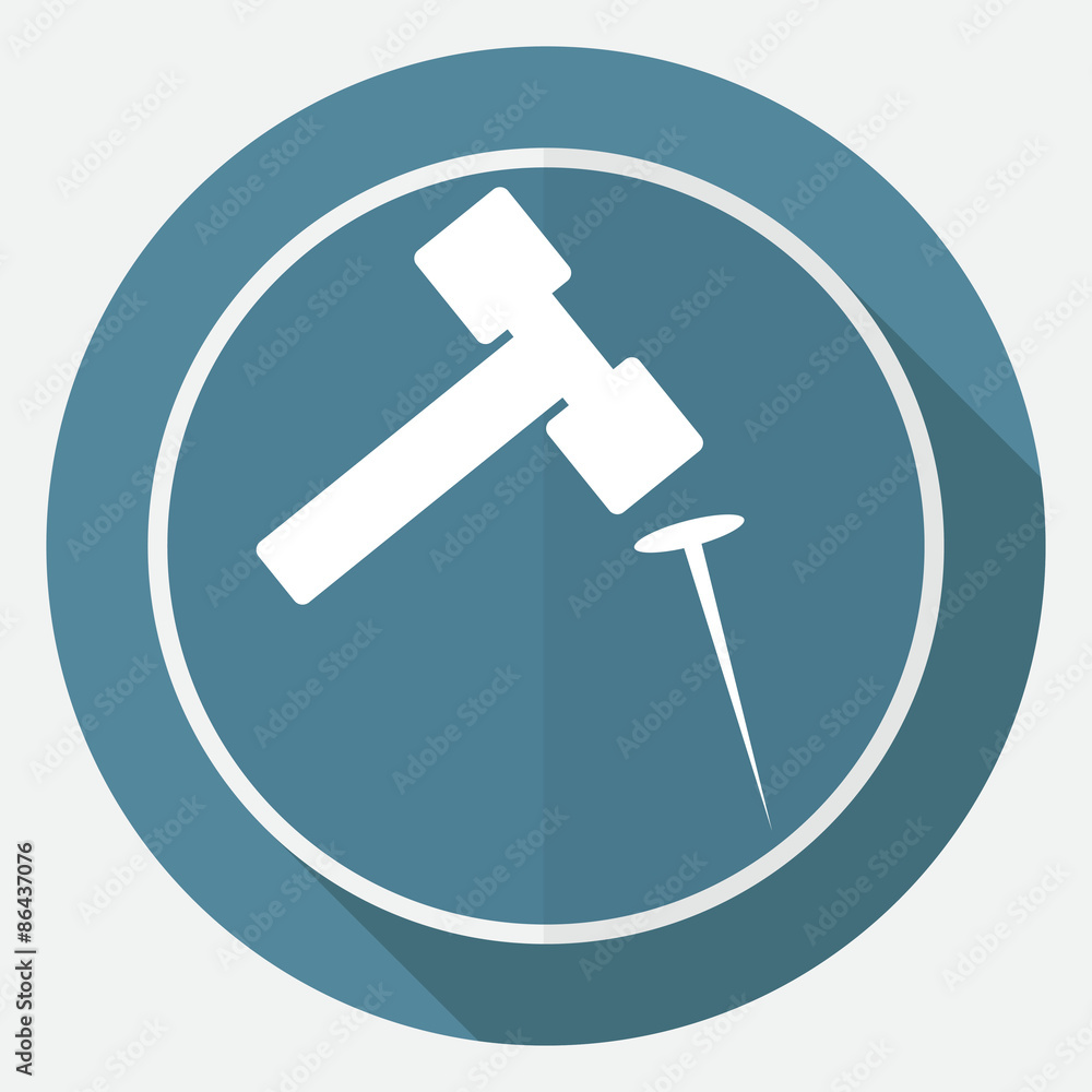 Icon hammer and nail on white circle with a long shadow Icon hammer and nail on white circle with a long shadow