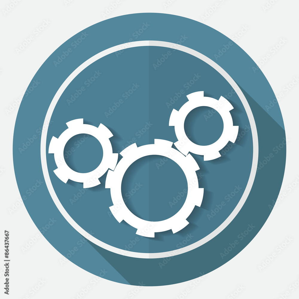 Icon gears on white circle with a long shadow Icon gears on white circle with a long shadow