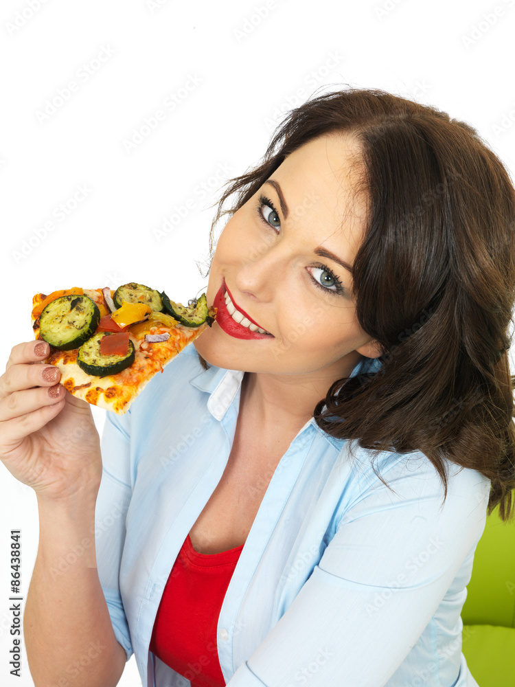 Happy Pretty Young Woman Eating a Slice of Baked Pizza Happy Pretty Young Woman Eating a Slice of Baked Pizza