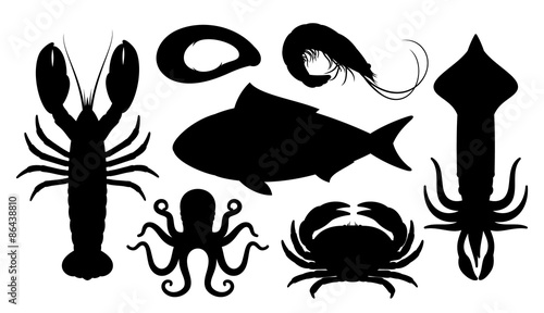Seafood Silhouettes Isolated on White