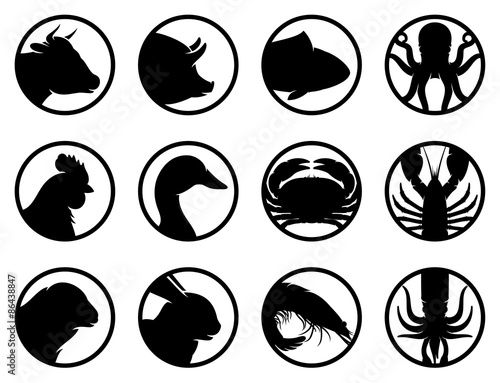 Set of Seafood and Farm Animals Flat Icons