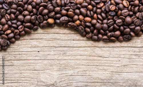 Background with coffee beans and wood texture