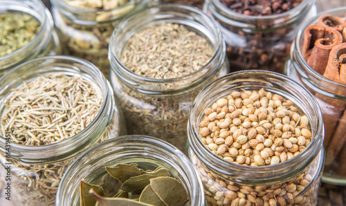 Fotografie Herbs and spices in mason jar