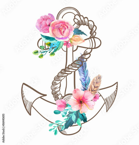 Doodle Anchor with watercolor flowers and feather