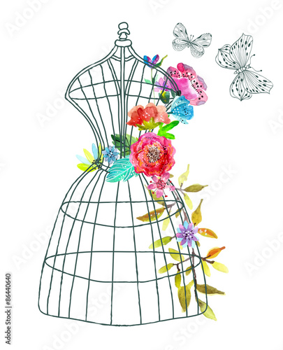 Dekoracja na wymiar  doodle-mannequin-with-watercolor-flowers-and-butterfly