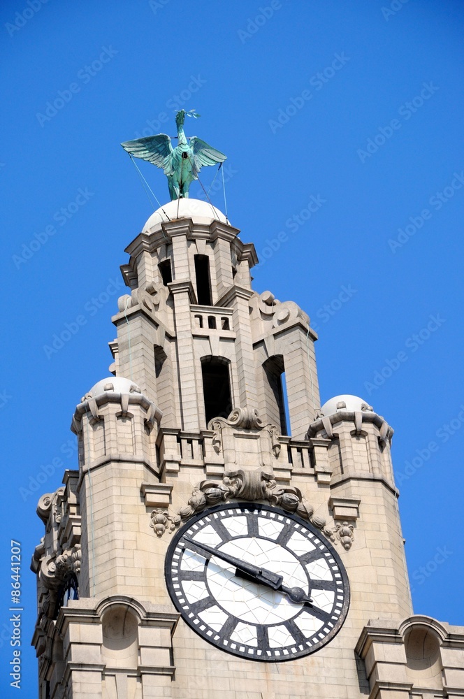The Royal Liver building clock tower and Liver Bird, Liverpool.