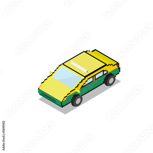 green yellow Taxi transportation car isometric 3D pixels design