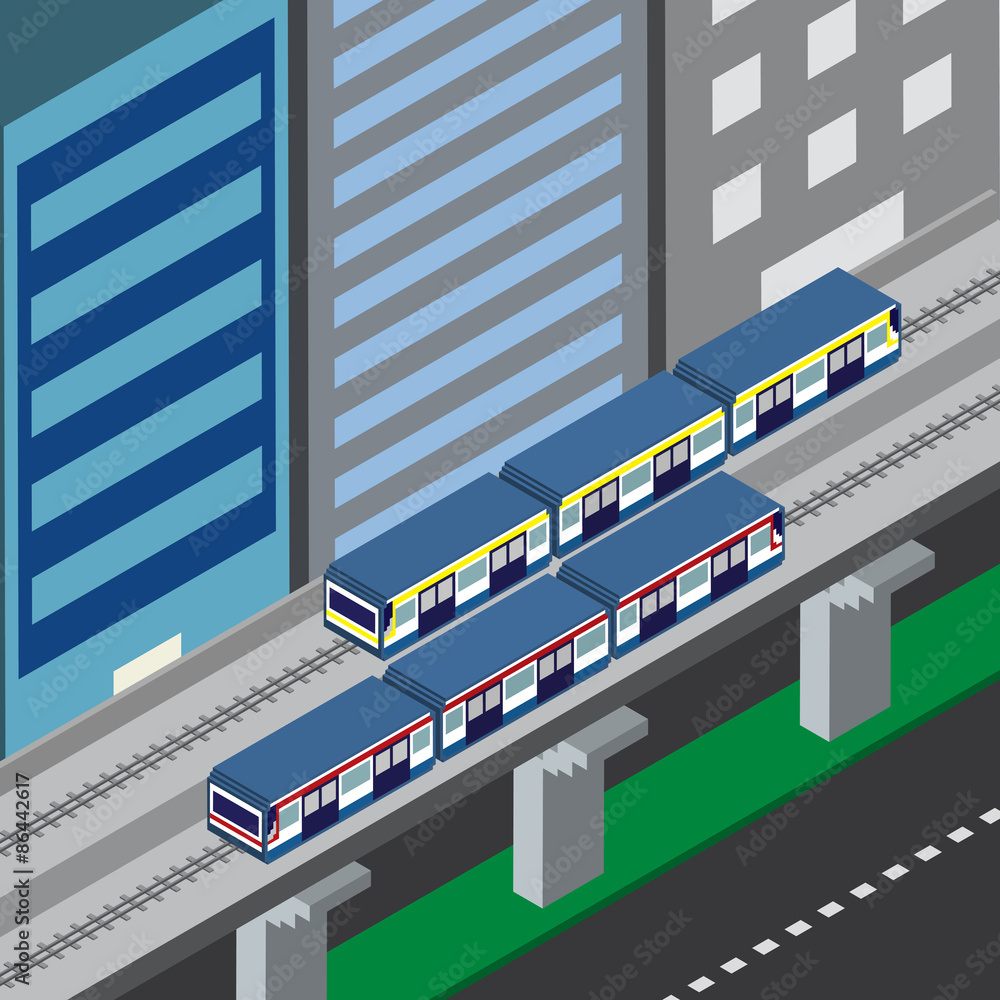 isometric view sky train in a city