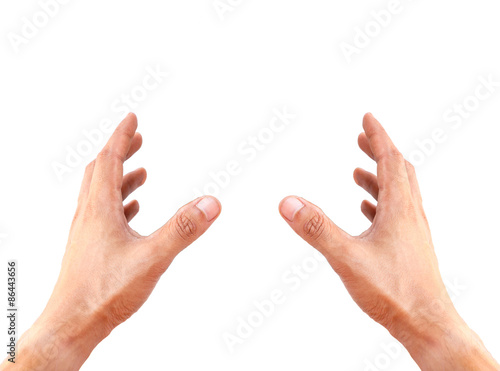 Man hands holding something isolated on white background