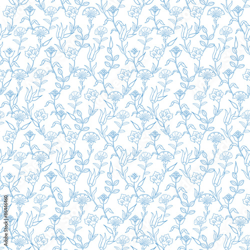 Vector Blue Turkish Lineart Floral Seamless Pattern