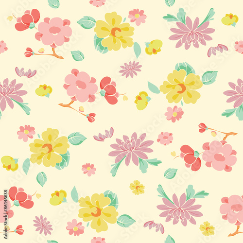 Vector Painterly Pink Yellow Kimono Flowers Seamless Pattern