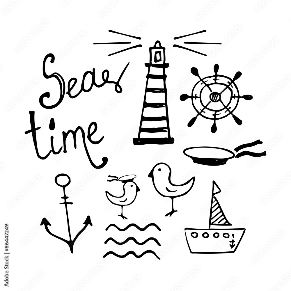 Naklejka premium Sea and Boat Hand-drawn Doodles