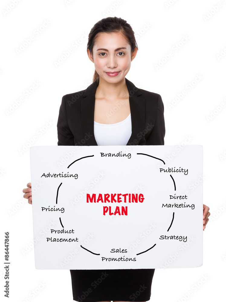 Businesswoman holding a placard presenting marketing plan concep Businesswoman holding a placard presenting marketing plan concep