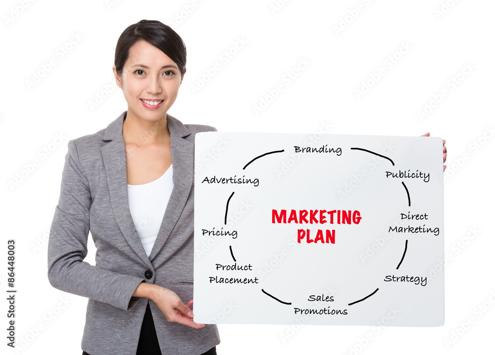 Young businesswoman holding a poster presenting marketing plan c Young businesswoman holding a poster presenting marketing plan c