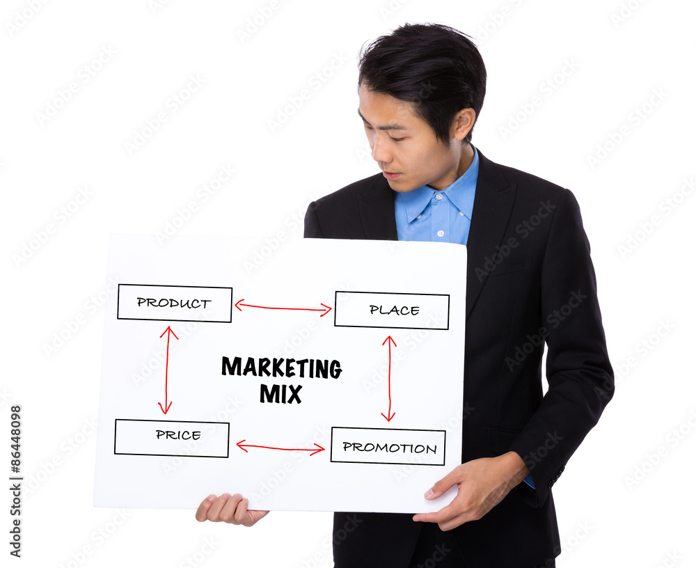 Young Businessman holding a banner showing business mix concept Young Businessman holding a banner showing business mix concept