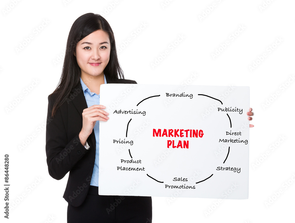 Young businesswoman holding a poster showing marketing plan conc