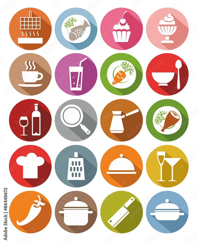Icons, kitchen, restaurant, food, drinks, utensils, colored, flat. Icons, kitchen, restaurant, food, drinks, utensils, colored, flat.