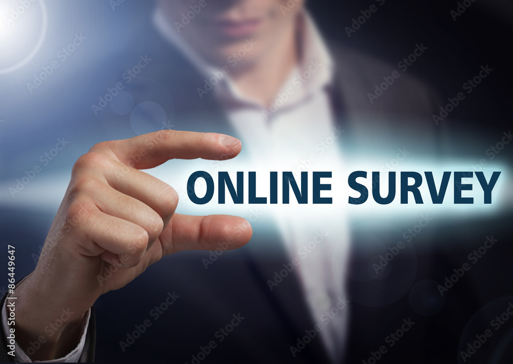 Businessman presses button online survey on virtual screens. Bus Businessman presses button online survey on virtual screens. Bus