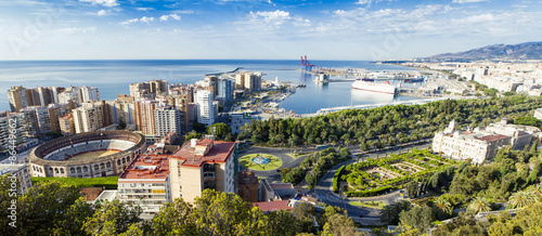 Panoramic view of the port and bull ring of Malaga.