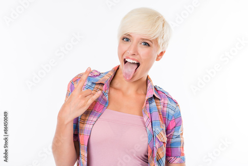 Rock and Roll. girl making a face and gesturing