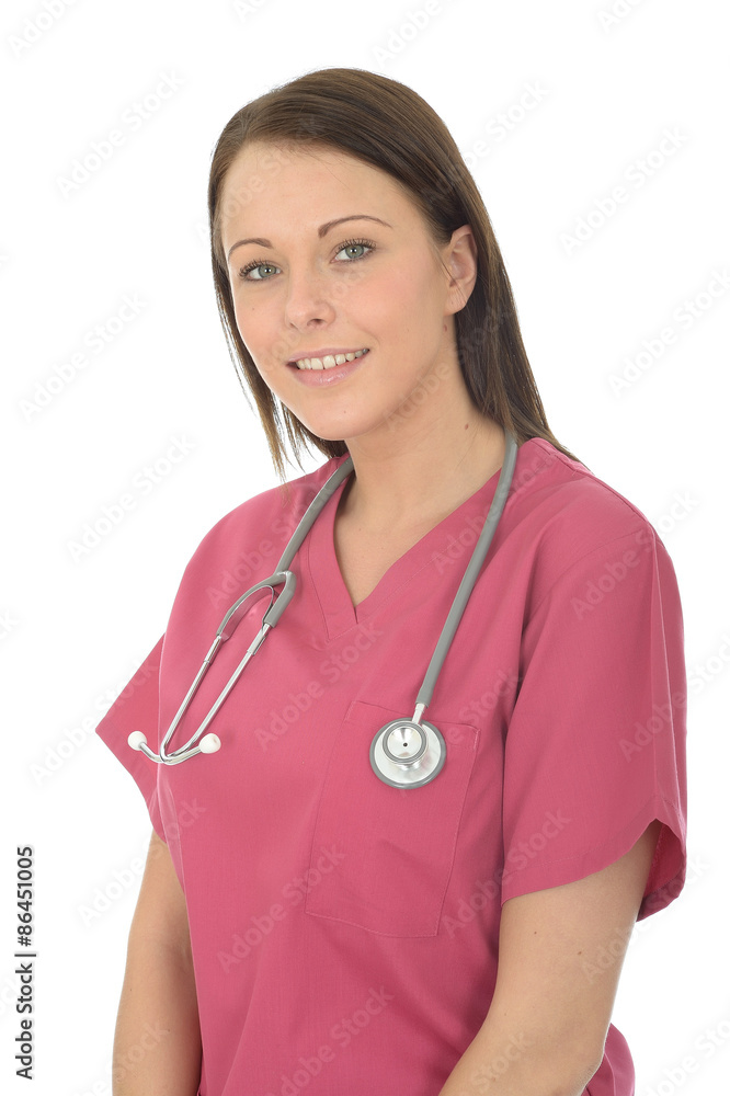 Portrait Of A Beautiful Young Female Doctor Wearing Pink Theatre Scrubs Portrait Of A Beautiful Young Female Doctor Wearing Pink Theatre Scrubs