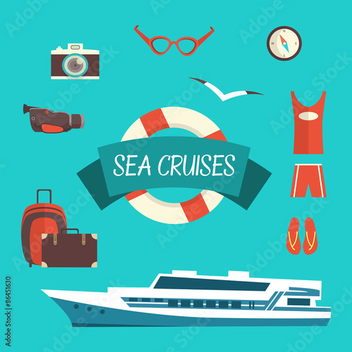 Tourism concept image sea vacation flat vector icons with ship