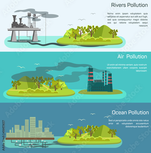 Vector landscape with air, ocean pollution.