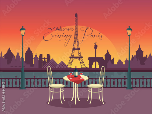 View of vector evening paris from the cafe